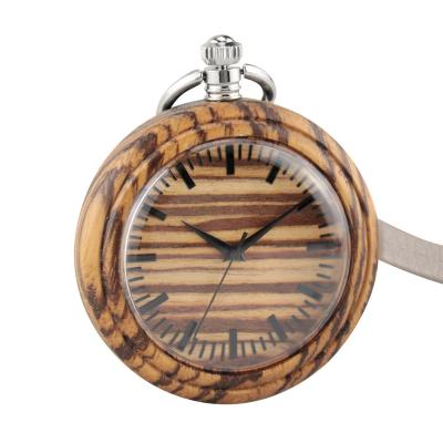 China Luxury Engraved Leather Chain Pocket Watch Wooden Clock Quartz Movement New Mens Womens Retro Vintage Modern Gift for sale