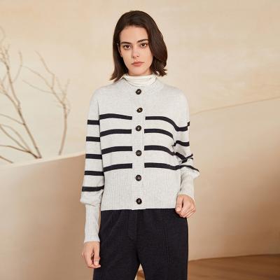 China Breathable Crewneck single-breasted contrast stripe long sleeve cashmere wool knit cardigan for women's sweater for sale