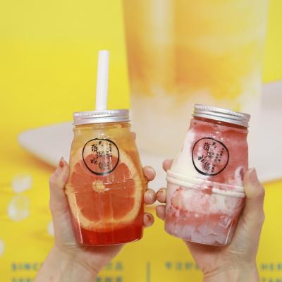 China Beverage 360ml Clear Shape PET Milk Tea Banana Plastic Special Milk Bottle Juice Bottle With Aluminum Lid for sale