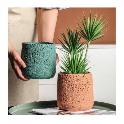 China Nordic Breathable Colorful Home Plant Pots Wholesale Cement Tea Decoration Garden Bonsai Perforated Flower Pot With Tray for sale