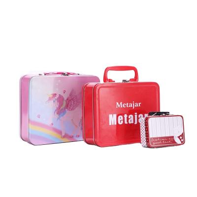 China Recyclable Custom Printed Food Grade Hinged Metal Lunch Tin Box Custom Design Tin Box With Handle for sale