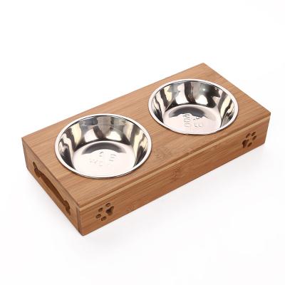 China Sustainable Pet Supplies Bamboo Wood Protect Cat Dog Double Bowl With Thorn Water Cervical Food Feeder Wooden Frame And Stainless Steel Bowl for sale