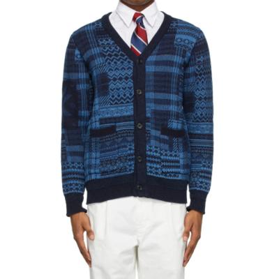 China Wholesale 2022 Wool/Cashmere Cotton Soft Blue Knit Argyle Pattern Men's Sweater Jacquard Patchwork Cardigan for sale