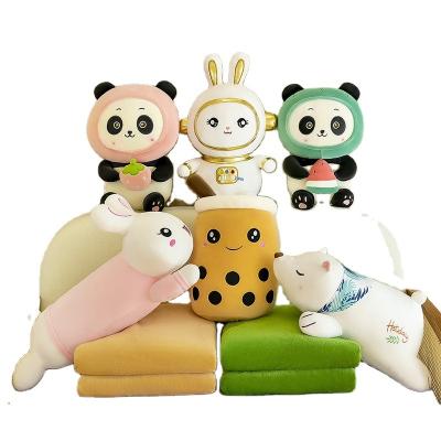 China Custom Cute Lovely Gift Plush Pillow Panda Rabbit Bear Boba Milk Toy with Cover 2 in 1 Plushies Sit and Covering Set for sale