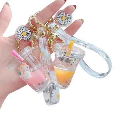 China Promotional Gift Souvenir Glitter Quicksand Key Chain Liquid Floating Milk Tea Cup Unicorn Keychain for sale