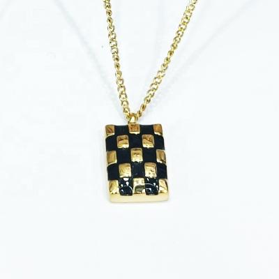 China Black Checkerboard Checkerboard Pedant Necklaces Stainless Steel Jewelry Gold Plated Rope Chain Enamel Bar Necklace For Women for sale