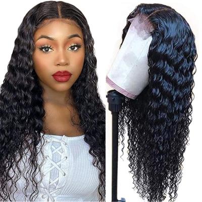 China Deep Wave Ready to Ship Long Curly Hair Wig Natural Color 4*4 Deep Wave Closure Wig Preplucked Bleached Knots Hair Lace Wig for sale