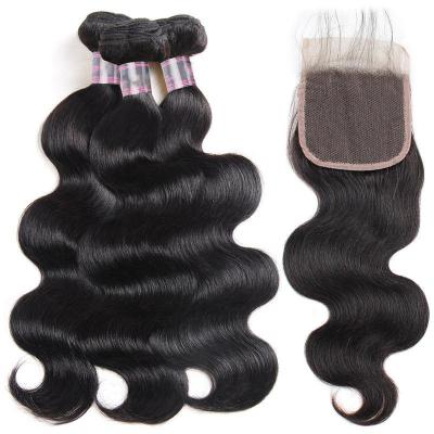 China Body Wave Free Sample DHL Ship Natural Color 1B Virgin Hair Extension Brazilian Bulk Body Wave Hair 3 Bundles With 4x4 Lace Up Closure for sale