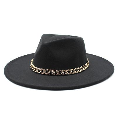 China New image design felted hat fashion chain solid color wool wide brimmed felt hat for women and men for sale