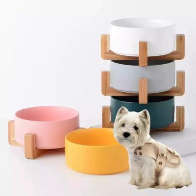 Chine Wholesale Manufacture Unique Dog Cat Food Bowl Ceramic Pet Feed Bowl With Wooden Stand Pet Food Drinking Bowl Dish à vendre