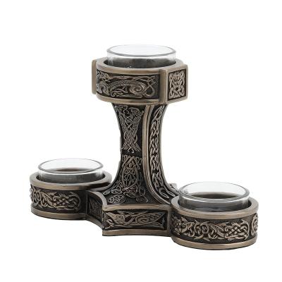 China Home Decor Tealight Triple Head Custom Candle Holder Viking Nordic Decor Cold Cast Bronzed Resin Sculpture for sale