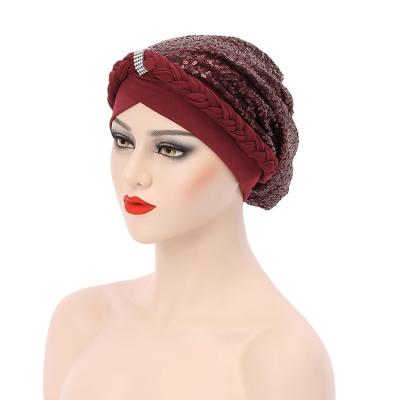 China Multifunctional Lightweight Luxury Style Milk Silk With Sequin Braid India Hat Muslim Turban Hat For Ladies for sale