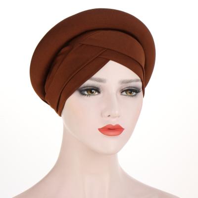 China Fashionable Nigerian pure silk simple turban hat Hijab ladies hat milk color muslim hat for sale