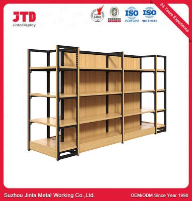 China Metal Shop Supermarket Goods Shelf Rack Wooden Metal Gondola Shelving for sale