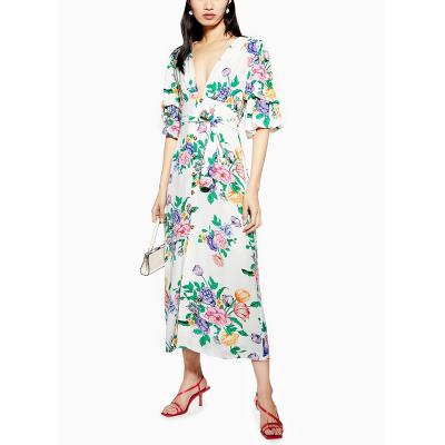 China Good Quality Fashion V-Neckline Breathable Promotional Bubble Sheath High Waist A Line All Over Floral Print Maxi Dress for sale