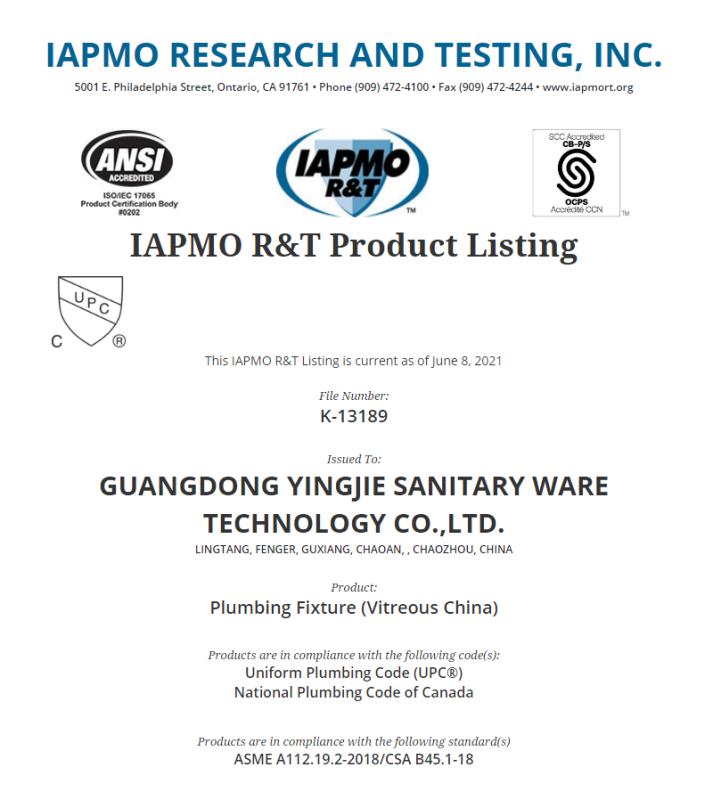 cUPC - Guangdong Yingjie Sanitary Ware Technology Co., Ltd.