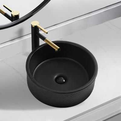 China Wholesale Luxury Modern Color Glazed Black Round Wash Basin Countertop Bathroom Sink Ceramic Art Basin Black Vessel for sale