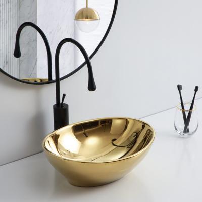 China Wholesale Handmade White Matte Gold Wash Basin Royal Gold Oval Vessel Sinks Bowl Lavatory Bathroom Sinks Gold Plated Hand Wash Ceramic Basin For Bathroom for sale