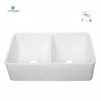 China Without Faucet CUPC Modern Rectangular Farmhouse Sink Under Mounted Double Bowl Sinks White Ceramic Kitchen Sink for sale