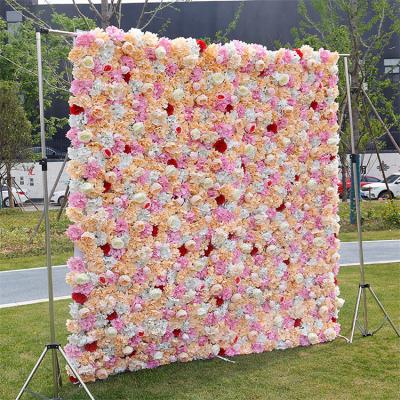 China Plastic Silk Rose Wedding 3D Floral Panel Decor Wrap Fabric Artificial Flowers Pink Flower Wall Backdrop for sale