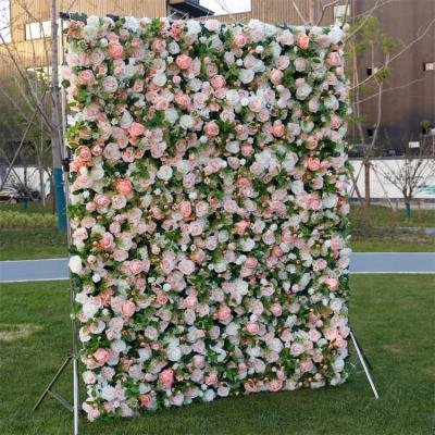 China Plastic Artificial Roll Up 3D Flowers Wall Fabric Wedding Decor Rose Flower Wall Panel for sale