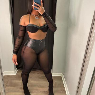 China High waist 2022 breathable woman clubwear see through panty set solid color PU patchwork mesh pencil pants set for sale