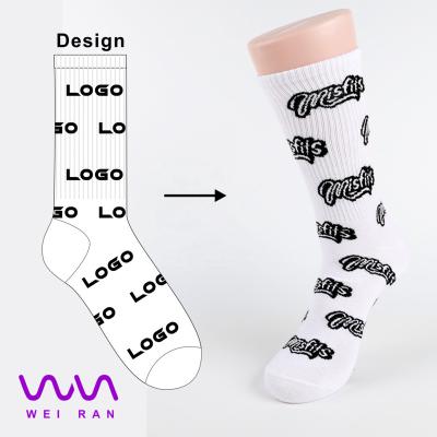 China OEM Breathable Cotton Knitted Customize Set Font Letters Fashion White Socks Custom Logo Crew Socks for sale