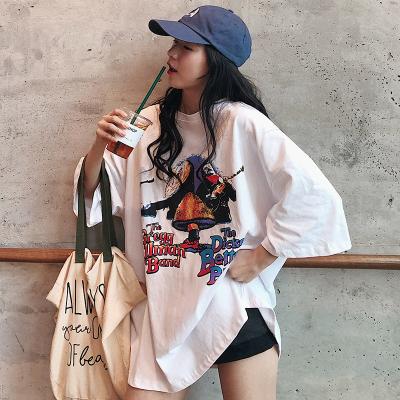 China Casual Loose Anti-wrinkle T-shirt Women Oversized Cartoon Printed Three Quarter Sleeve Tee Shirt Female Pink White Orange Streetwear T-shirts for sale