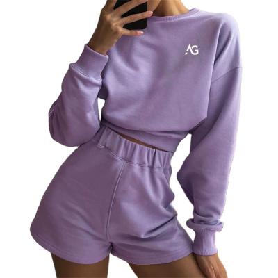 China 2021 Custom Crop Top Oversized Long Sleeve Sweatshirt Women's QUICK DRY Two Piece Shorts Slows Down for sale