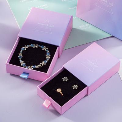 China Custom Wholesale Custom High-End Luxury Cardboard Paper Black Jewelry Box Logo Jewelery Packaging Drawer Box Ring Earring Necklace Bracelet Pink for sale