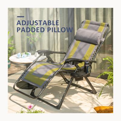 China Comfortable Outdoor Folding Lawn Recliner Oversized Padded Lounge Chairs With Cup Holder Pillow Beach for sale