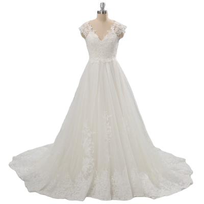 Cina 2021 Ivory V neck A line sleeves zipper tulle lace wedding dresses in vendita