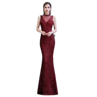 China Neckline V neck Wine red shiny sequin evening prom dress for sale