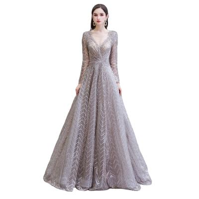 China Back closure Invisable zipper High grey A line flowy evening dress for sale