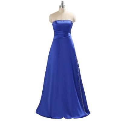 China Blue pearl beaded small A line satin bridesmaid dresses for sale