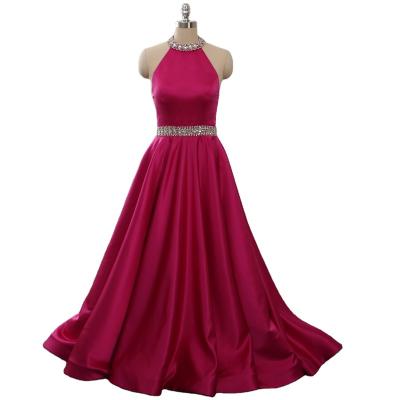 China Wine red long floor length halter beaded belt party dresses lady evening dresses for sale