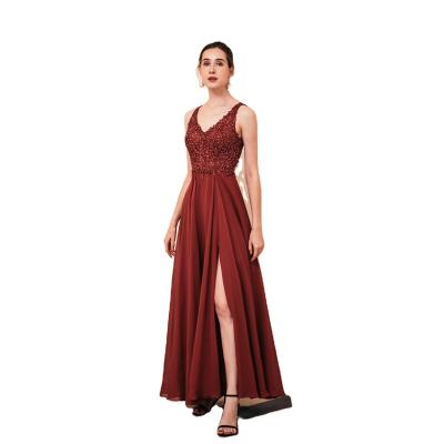 China Fashion Women V Neck Lace Beaded Slit Long Dress Wedding Party Evening Bridesmaid Maxi Dresses for sale