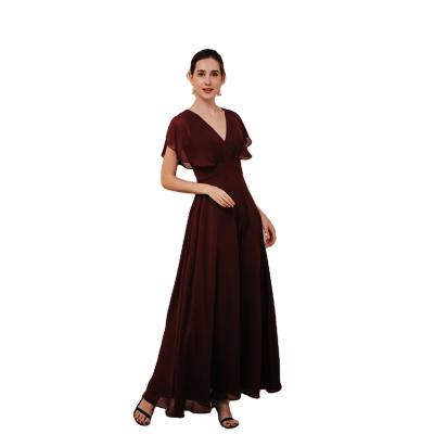 China Women's Formal Long V-neck Evening Party Maxi Dress Wine Red bridesmaids dresses for sale