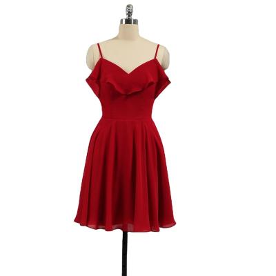 중국 Red chiffon V neck spaghetti straps knee length bridesmaid dresses 판매용