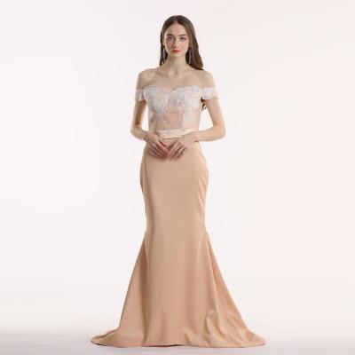 China Peach off shoulder open V cleavage crepe fit and flare sexy lace train bridesmaid dresses 2021 for sale