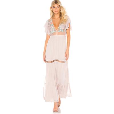 China 2022 Breathable Ready To Ship Women Summer Half Sleeve Flare Sleeve Embroidery Maxi Long Dress Vacation Beach Bohemian Oversized Sundress for sale