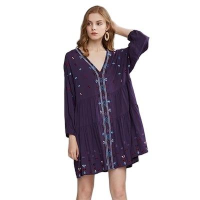 China 2022 Breathable Ready to Ship Women Summer Flare Vacation Beach Bohemian Oversized Sundress Maxi MIni Dress Long Sleeve Embroidery for sale