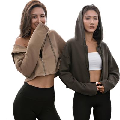 China Anti-wrinkle 2021 High Quality Custom Logo Cotton Long Sleeve Zip Up Top White Crop Women's Hoodie For Gym for sale