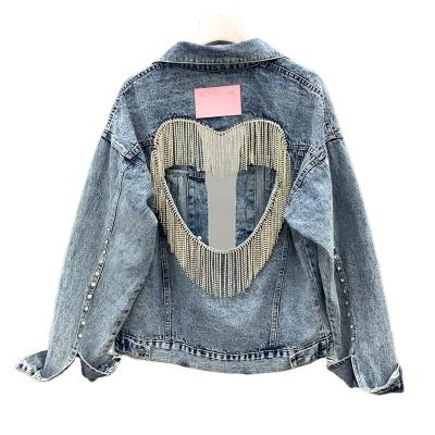 China 2022 Women Fashion Custom Made Denim Jacket Anti-wrinkle Spring Heart Shape Back Hollow Out Rhinestone Tassel Short Jacket And Coat for sale