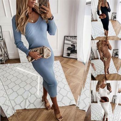 China 2021 Autumn Breathable Dresses For Women V-Neckline Solid Color Pit Strip Dress Women's Long Sleeve Dresses for sale