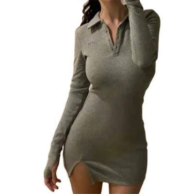 China New Hot Selling Viable Women Fashion Solid Color Lapel Sexy Long Sleeve Casual Bodycon Dress for sale