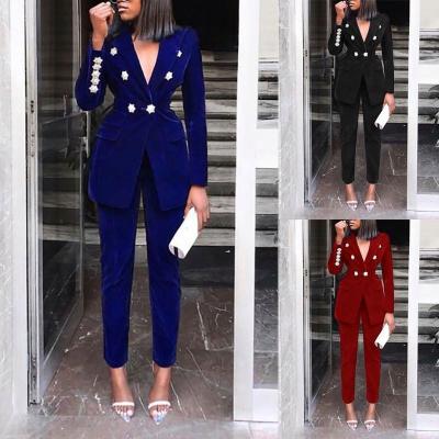 China 2021 New Autumn New Women's Clothing Breathable V-Neck Long Sleeve Solid Casual Ladies Two Piece Pants Set Women's Suits And Tuxedo Blazer for sale