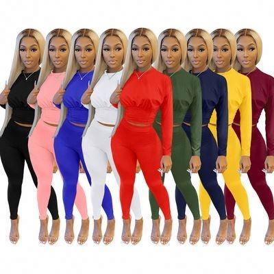 China Autumn New Breathable Two Piece Leisure Solid Color Ribbed Sports Waist Two Piece Women's Two Piece Set for sale