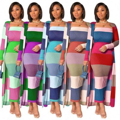 China New Casual Women's Breathable Two Piece Set Autumn Long Sleeve Printed Multicolor Rib Women's Dresses for sale