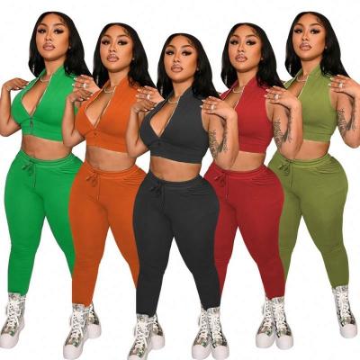 China 2 Piece Summer Anti-Wrinkle Solid Color Casual Zipper Vest Sexy Jogging Suit Women's Two Piece Set for sale